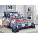 Check Pattern 3 Piece Quilted Bedspread Printed Patchwork Comforter Bed Throw with Pillowshams (Check Denim Red, Superking)