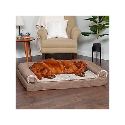 FurHaven Luxe Fur & Performance Linen Memory Top Sofa Cat & Dog Bed w/Removable Cover, Woodsmoke, Jumbo
