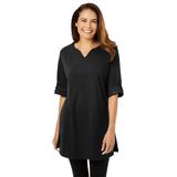 Plus Size Women's Perfect Roll-Tab-Sleeve Notch-Neck Tunic by Woman Within in Black (Size M)