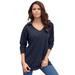 Plus Size Women's Fine Gauge Drop Needle V-Neck Sweater by Roaman's in Navy (Size L)