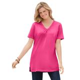 Plus Size Women's Perfect Short-Sleeve Shirred V-Neck Tunic by Woman Within in Raspberry Sorbet (Size 3X)