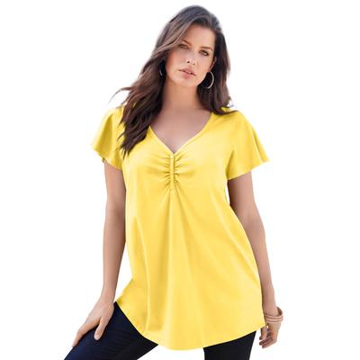 Plus Size Women's Flutter Sleeve Sweetheart Ultimate Tee by Roaman's in Lemon Mist (Size 26/28) Long T-Shirt Top