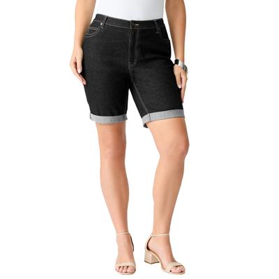 Plus Size Women's Plus Size Classic Stretch Cuffed Short by Denim 24/7 by Roamans in Black Denim (Size 34 W)