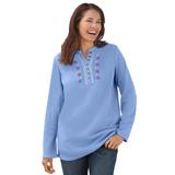 Plus Size Women's Embroidered Thermal Henley Tee by Woman Within in French Blue Vine Embroidery (Size 5X) Long Underwear Top