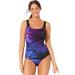 Plus Size Women's Chlorine Resistant Square Neck Tank One Piece Swimsuit by Swimsuits For All in Purple Palm (Size 26)