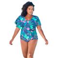 Plus Size Women's Flutter-Sleeve One-Piece by Swim 365 in Blue Tropical Floral (Size 20) Swimsuit