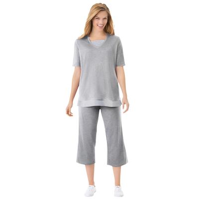Plus Size Women's Striped Inset & Capri Set by Woman Within in Heather Grey Mini Stripe (Size 38/40) Pants