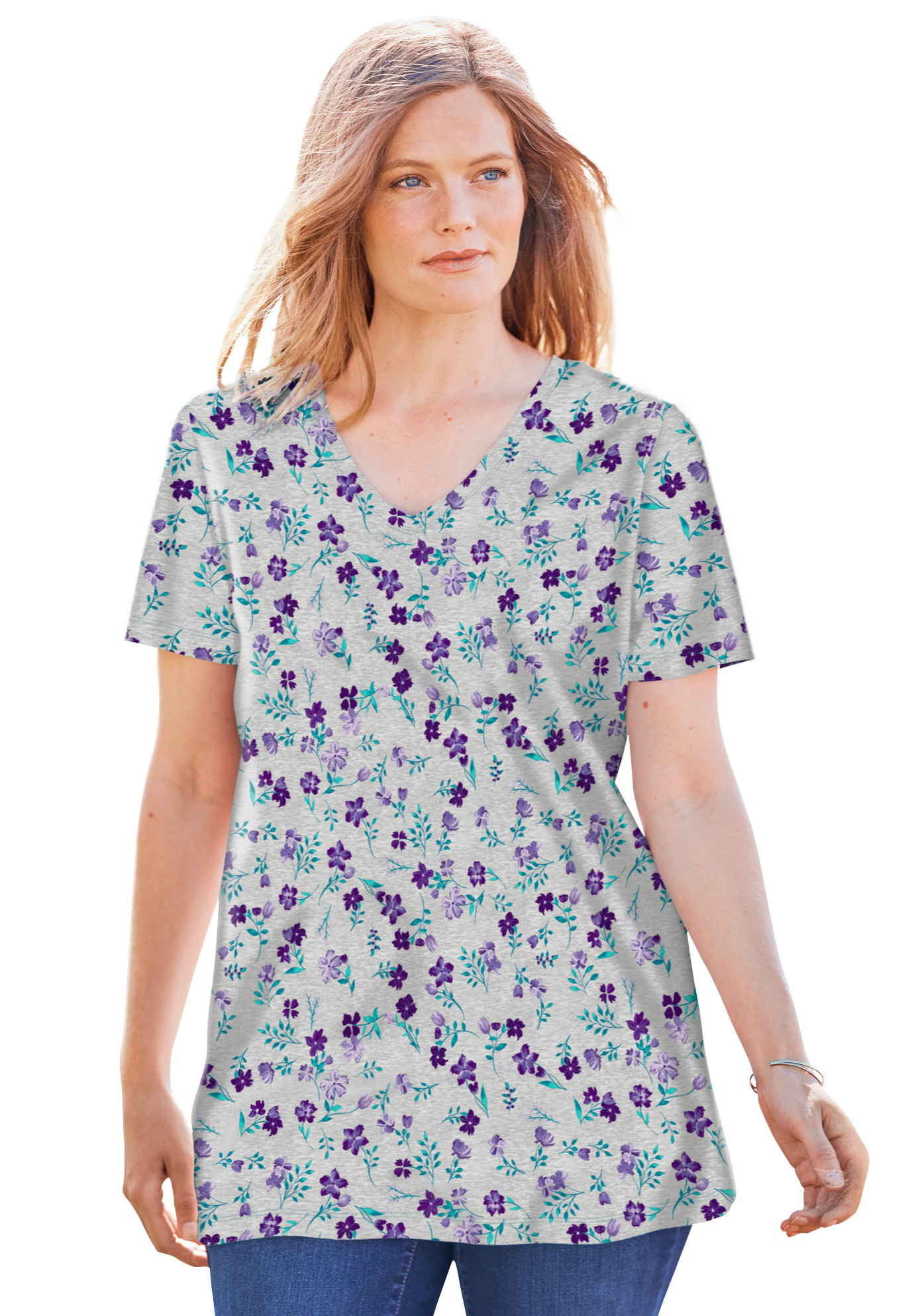 Plus Size Women's Perfect Printed Short-Sleeve V-Neck Tee by Woman Within in Heather Grey Pretty Floral (Size M) Shirt