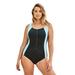 Plus Size Women's Zip-Front One-Piece with Tummy Control by Swim 365 in Black White Blue Sea (Size 26) Swimsuit