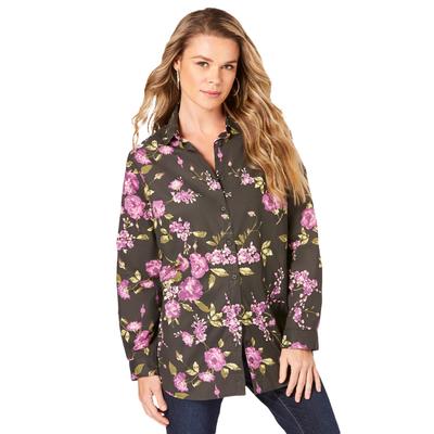 Plus Size Women's Long-Sleeve Kate Big Shirt by Roaman's in Purple Rose Floral (Size 38 W) Button Down Shirt Blouse