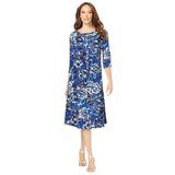 Plus Size Women's Ultrasmooth® Fabric Boatneck Swing Dress by Roaman's in Navy Painted Garden (Size 22/24) Stretch Jersey 3/4 Sleeve Dress