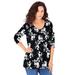 Plus Size Women's Long-Sleeve V-Neck Ultimate Tee by Roaman's in Black Ivory Floral (Size 12) Shirt