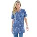 Plus Size Women's Print Notch-Neck Soft Knit Tunic by Roaman's in Dusty Indigo Painterly Bouquet (Size 3X) Short Sleeve T-Shirt