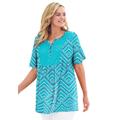 Plus Size Women's Mixed Print Henley Tunic by Woman Within in Aquamarine Batik Chevron (Size 26/28)