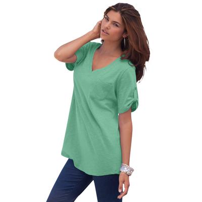 Plus Size Women's V Neck Boyfriend Textured Tunic by Roaman's in Soft Jade (Size S) Long Shirt