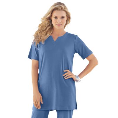Plus Size Women's Notch Neck Soft Knit Tunic by Roaman's in Dusty Indigo (Size 5X) Short Sleeve T-Shirt