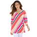 Plus Size Women's Diagonal Stripe V-Neck Tee by Roaman's in Spice Red Multi (Size 2X) Shirt