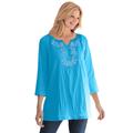 Plus Size Women's Embroidered Crinkle Tunic by Woman Within in Paradise Blue Rose Embroidery (Size 38/40)