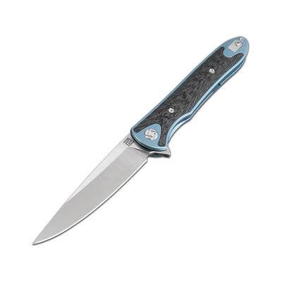 Artisan Cutlery Shark Framelock Folding Knife 5in Closed 4in Stonewash S35Vn SS Blade Blue Anodized Titanium Handle With Carbon Fiber Inlay Pocket