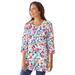 Plus Size Women's Perfect Printed Three-Quarter-Sleeve V-Neck Tunic by Woman Within in White Painterly Bloom (Size 30/32)