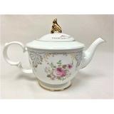 House of Hampton® Finn Pink Roses w/ Gold Trim Teapot Porcelain China/Ceramic in White/Yellow | 7 H x 7 W x 6 D in | Wayfair