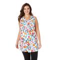 Plus Size Women's Perfect Printed Sleeveless Shirred V-Neck Tunic by Woman Within in White Painterly Bloom (Size 26/28)