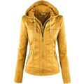 Newbestyle Faux Leather Jacket for Women Hooded Moto Biker Jacket Zip-Up Pleated Jacket Casual Coat Tops Yellow XL