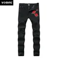 Jean Déchiré Noir avec Broderie pour Homme Pantalon Skinny en Denim avec Fleurs et Roses Brodées