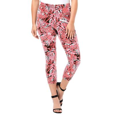 Plus Size Women's Essential Stretch Capri Legging by Roaman's in Sunset Coral Tropical Leaves (Size 26/28) Activewear Workout Yoga Pants