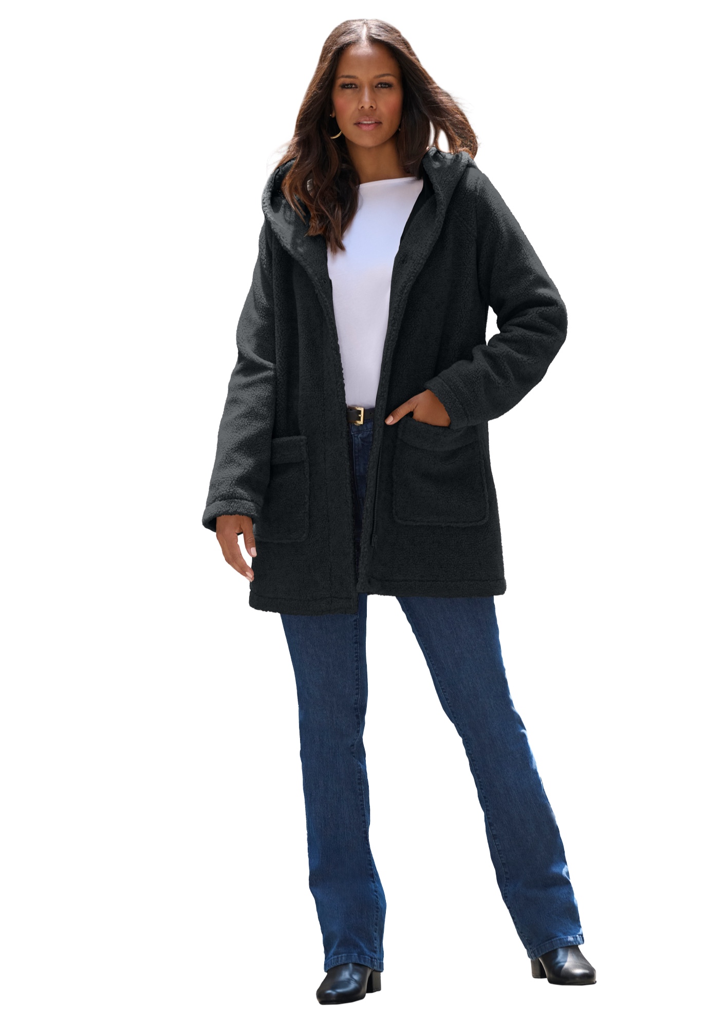 Plus Size Women's Plus Size Hooded Teddy Fleece Coat by Roaman's in Black (Size 4X)