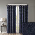 Sun Smart Mirage 100% Total Blackout Window Single Curtain, Knitted Jacquard Damask Room Darkening Curtain Panel with Grommet Top 50 x 84 in, Navy