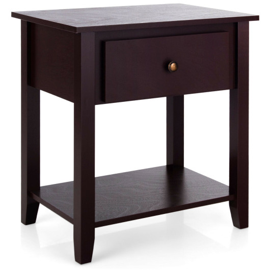 Costway Nightstand with Drawer and Storage Shelf for Bedroom Living Room-Espresso