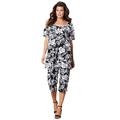 Plus Size Women's Printed Henley Capri Set by Roaman's in Black Island Leaves (Size 22/24) Matching Jersey T-Shirt and Capri Pants