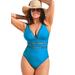 Plus Size Women's Lattice Plunge One Piece Swimsuit by Swimsuits For All in Blue (Size 24)