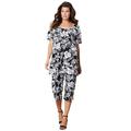 Plus Size Women's Printed Henley Capri Set by Roaman's in Black Island Leaves (Size 30/32) Matching Jersey T-Shirt and Capri Pants