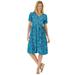 Plus Size Women's Woven Button Front Crinkle Dress by Woman Within in Deep Teal Leaves (Size 1X)