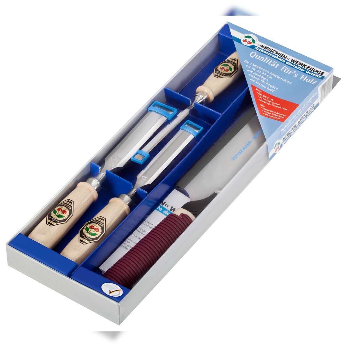 Kirschen 3-teiliger Stechbeitelsatz mit Weißbuchenheft + Japansäge im SB-Karton bestehend aus 10+20+26mm Image