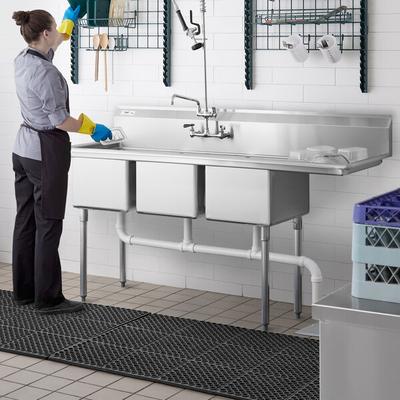 Regency 72 1/2" 16 Gauge Stainless Steel Three Compartment Commercial Sink with Galvanized Steel Legs and 1 Drainboard - 16" x 20" x 12" Bowls - Right Drainboard