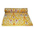 YUVANCRAFTS Indian Handmade Ikat Print Kantha Quilt Queen Size Pure Cotton Kantha Throw Vintage Kantha Bedspread Blanket (Yellow, Queen Size)