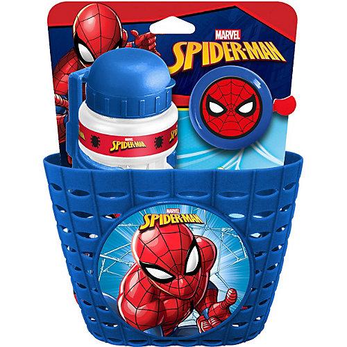 3erSet Spiderman-Fahrradzubehör: Körbchen, Trinkflasche, Klingel blau