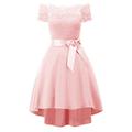 Molly Moda Women's Lace Bodice Bardot Dip Hem Vintage Party Dress Scallop Off Shoulder Short Sleeve Midi Evening Cocktail Outfit Occasionwear 16 XL Pink