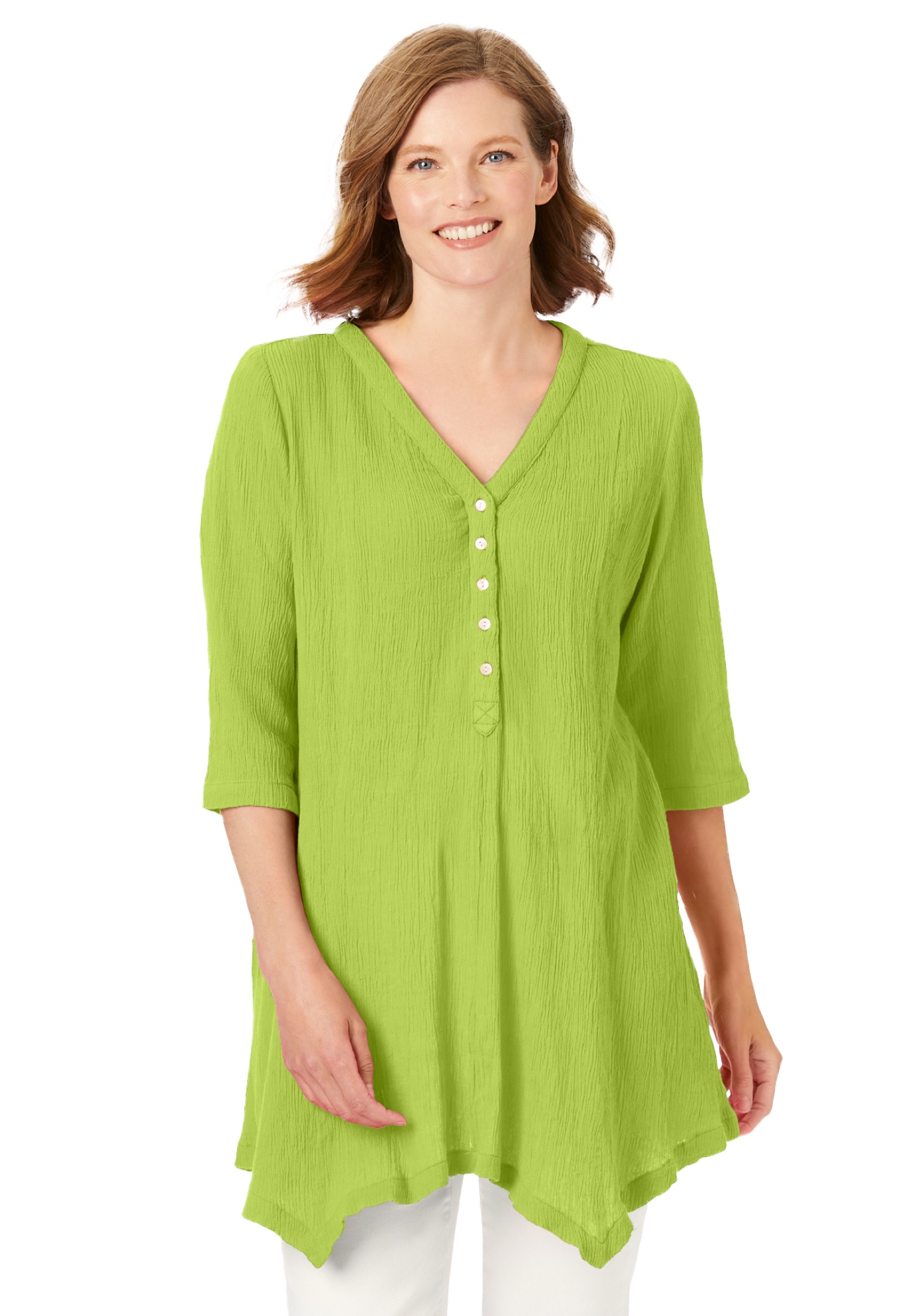 Plus Size Women's Handkerchief Hem Henley Tunic by Woman Within in Lime (Size 4X)