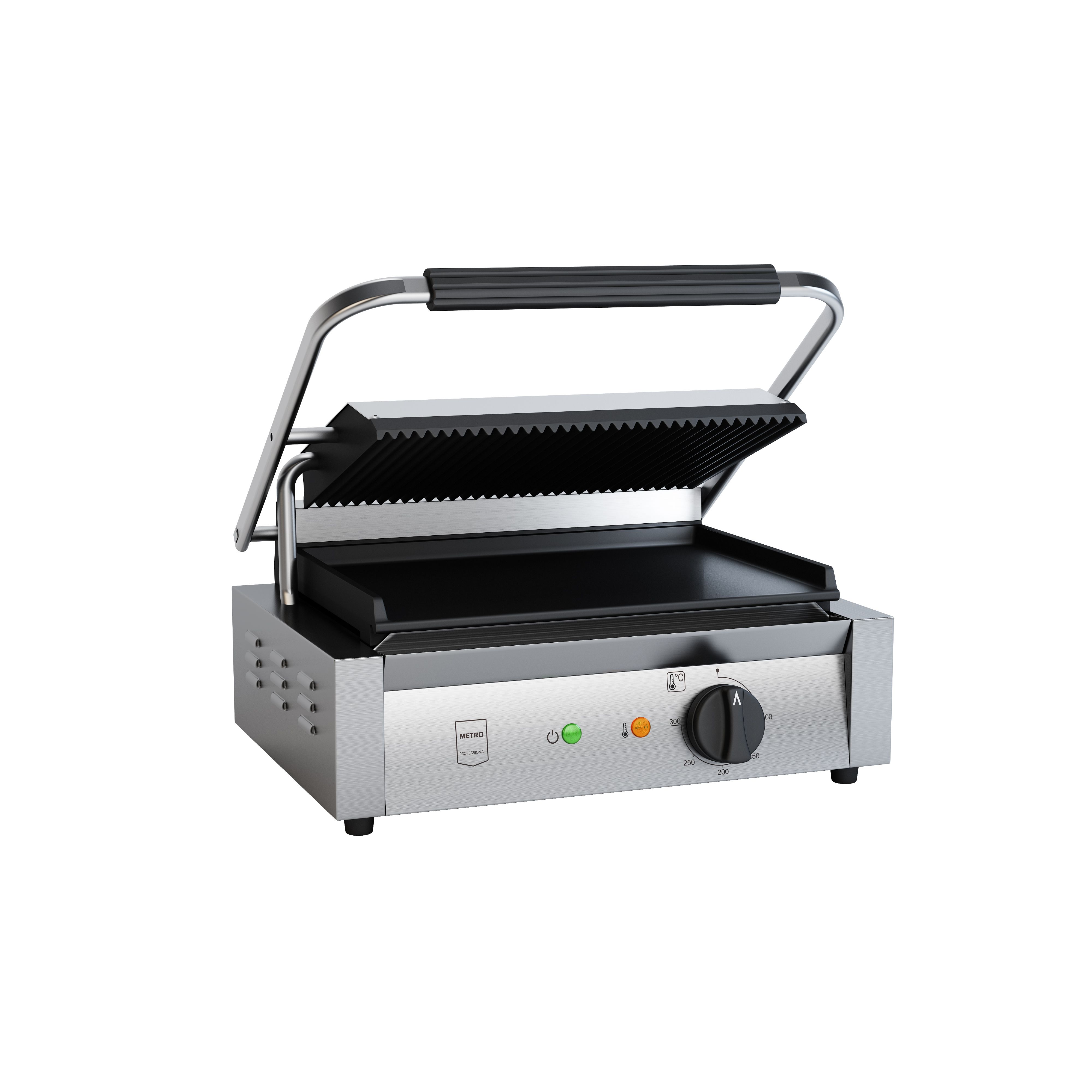 METRO Professional Kontaktgrill Single GPG1202, Edelstahl, 43 x 36 x 20 cm, mit Fettauffangschale, inkl. Bürste, silber Image