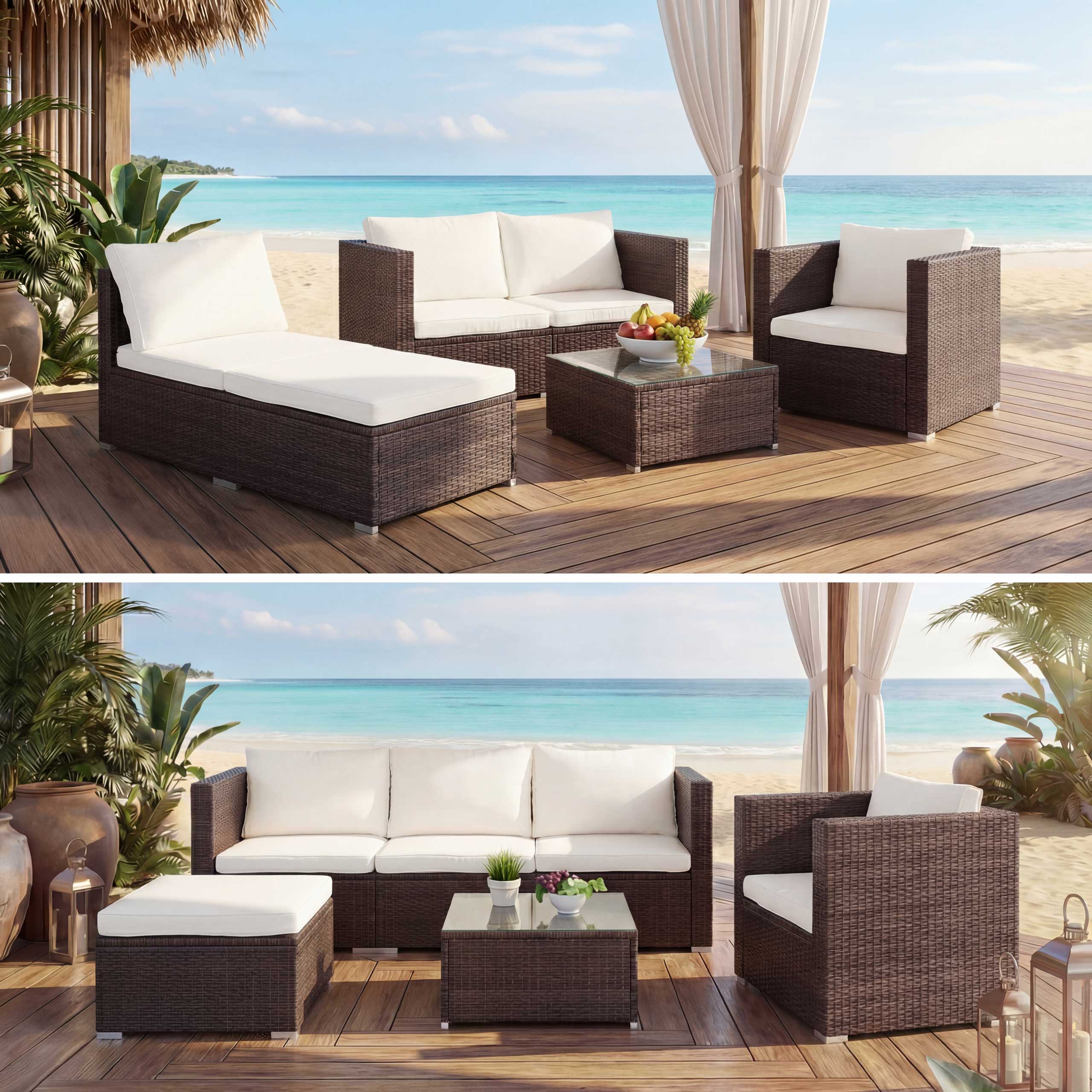 Poly-Rattan-Garnitur Brescia, Gartengarnitur Sitzgruppe Sofa Lounge-Set ~ braun, Kissen creme Image