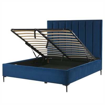 Polsterbett Marineblau Samtstoff Gesteppt mit Hohem Kopfteil Bettkasten Lattenrost 140x200 cm Hochklappbar für Schlafzim
