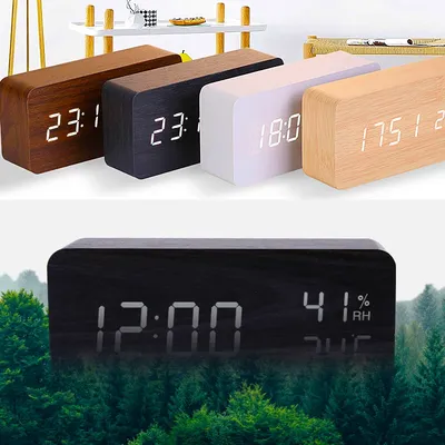 USB/AAA alimenté LED horloge numérique réveil en bois horloge de table commande vocale horloge