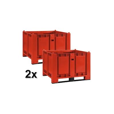 2x Palettenbox mit 2 Kufen, LxBxH 1200x800x850 mm, rot, geschlossen