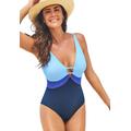 Plus Size Women's Colorblock V-Neck One Piece Swimsuit by Swimsuits For All in Deep Sea (Size 10)