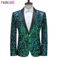 Blazer à paillettes vertes brillantes pour hommes costume de smoking à col châle et bouton unique