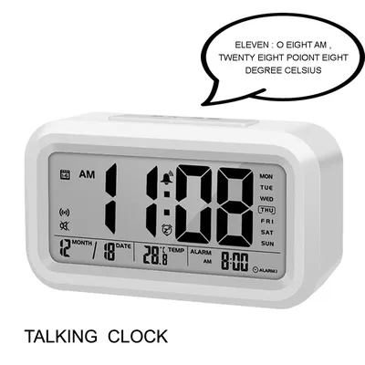 L'horloge d'alarme de l'heure de diffusion vocale anglaise. Avec thermomètre calendrier
